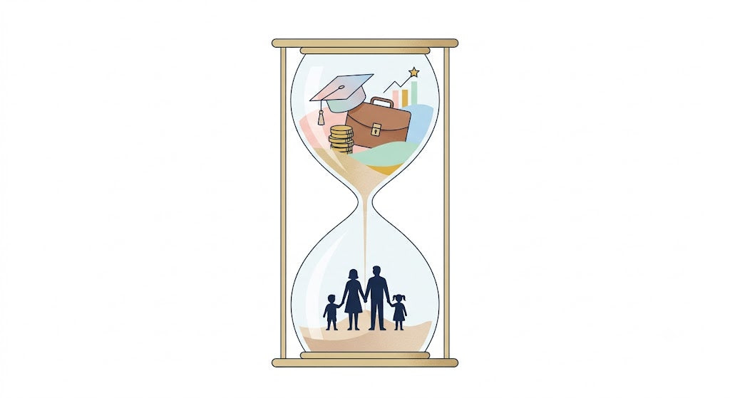 An hourglass illustration showing the time balance between career, education, and wealth symbols on top, and a family silhouette on the bottom, representing delayed childbearing among wealthier Americans.