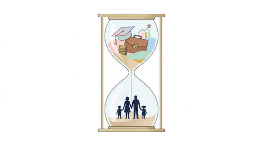 An hourglass illustration showing the time balance between career, education, and wealth symbols on top, and a family silhouette on the bottom, representing delayed childbearing among wealthier Americans.
