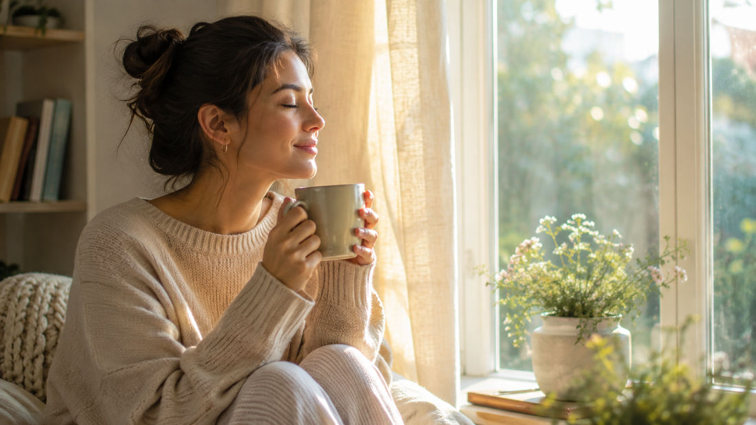Woman relaxing by a sunlit window while holding a warm cup of tea in a peaceful home setting.