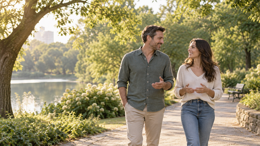 Couple walking and talking together in a peaceful sunlit park