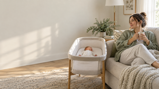 A mother rests on a sofa beside her newborn sleeping in a bassinet.