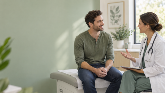 A man talks with a doctor in a bright clinic.