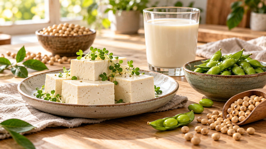 Tofu, edamame, soy milk, and soybeans representing common soy foods discussed in relation to testosterone and men's health.