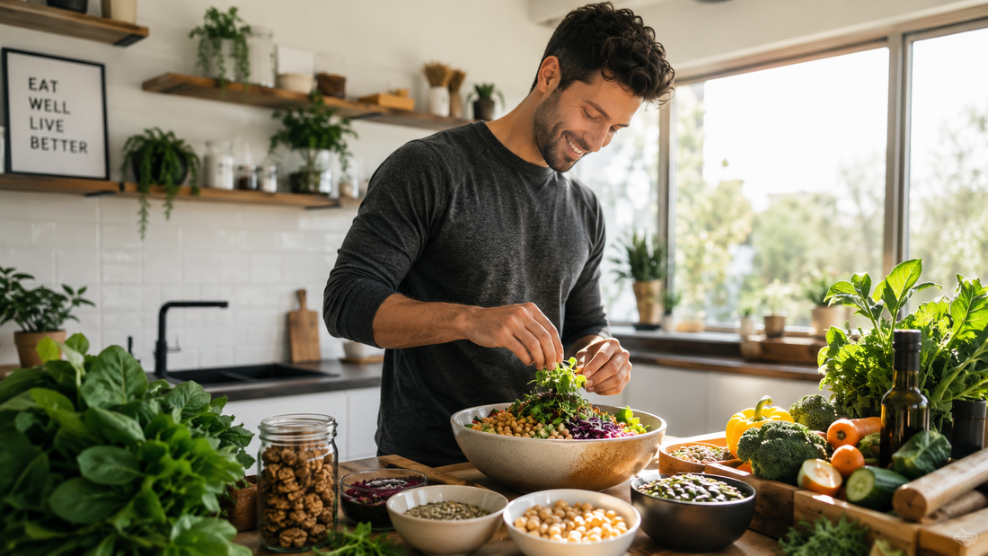 Healthy man preparing a plant-based meal