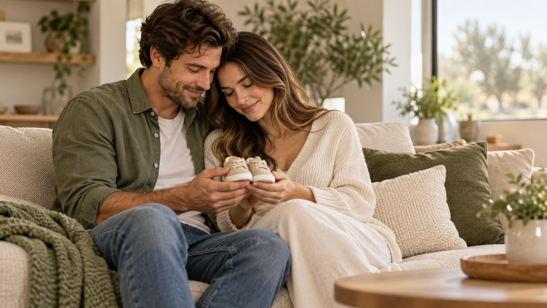 Couple holding baby shoes while planning pregnancy and wondering if they can choose their baby's sex naturally.