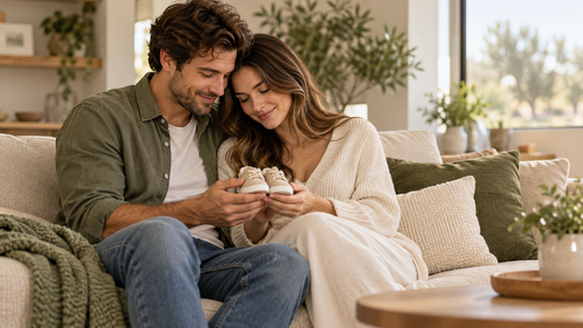 Couple holding baby shoes while planning pregnancy and wondering if they can choose their baby's sex naturally.