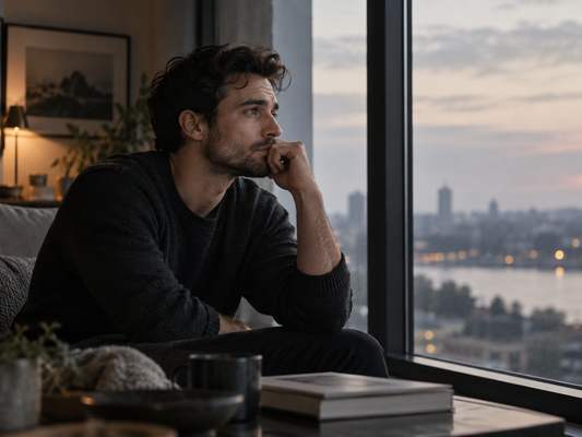 Thoughtful man reflecting on male fertility and reproductive health while sitting alone by a window.
