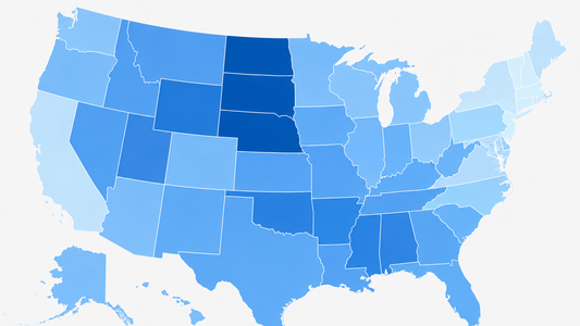 Infographic-style map of the United States showing state boundaries with blue gradient shading representing fertility rate variations across US states.