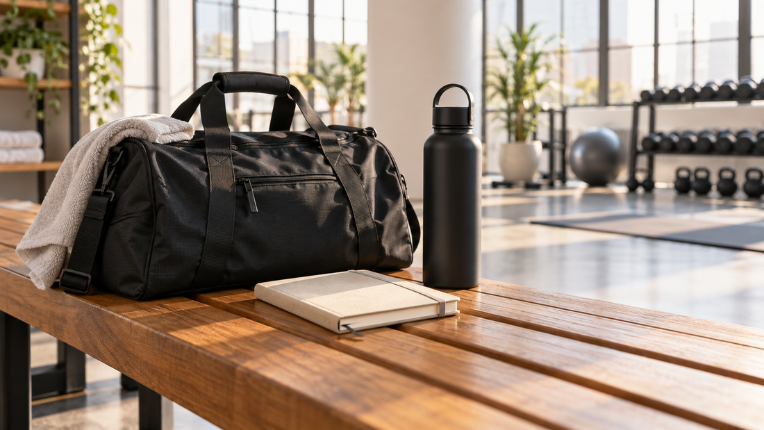 Black gym bag, water bottle, and wellness journal on a wooden bench in a bright fitness studio.