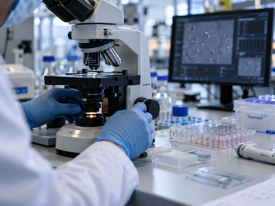 Scientist analyzing sperm samples with a microscope in a modern fertility research laboratory.