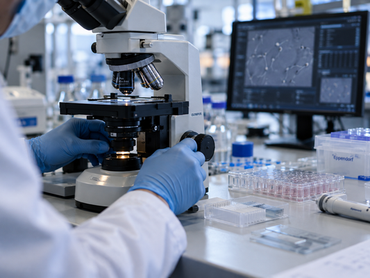 Scientist analyzing sperm samples with a microscope in a modern fertility research laboratory.