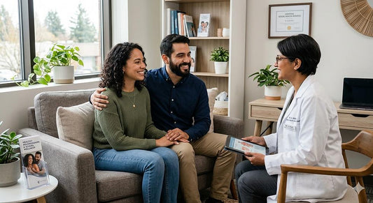 A couple discusses sexual health and treatment options with a healthcare professional during a medical consultation.