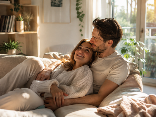 A smiling, loving couple relaxing and embracing on a cozy couch in a warm, sunlit living room, highlighting a sense of comfort and intimate connection.
