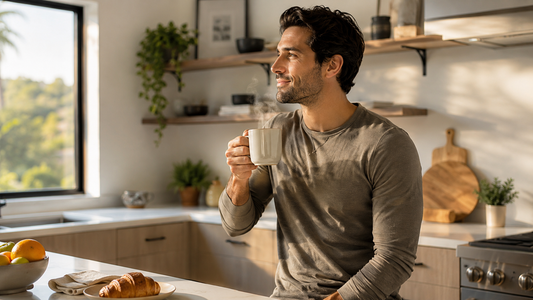 A smiling, relaxed man enjoying a steaming cup of coffee in a bright, sunlit modern kitchen, with fresh fruit and a croissant on the counter, conveying a calm and healthy morning routine.