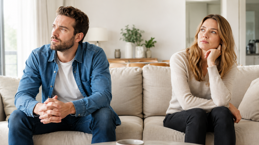 A man and a woman sitting on opposite ends of a couch, looking away with distant,