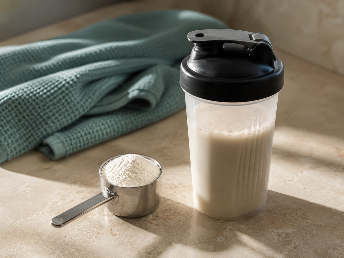 A metal supplement scoop and shaker bottle rest on a warm beige surface, evoking a gym environment relevant to creatine and testosterone questions.