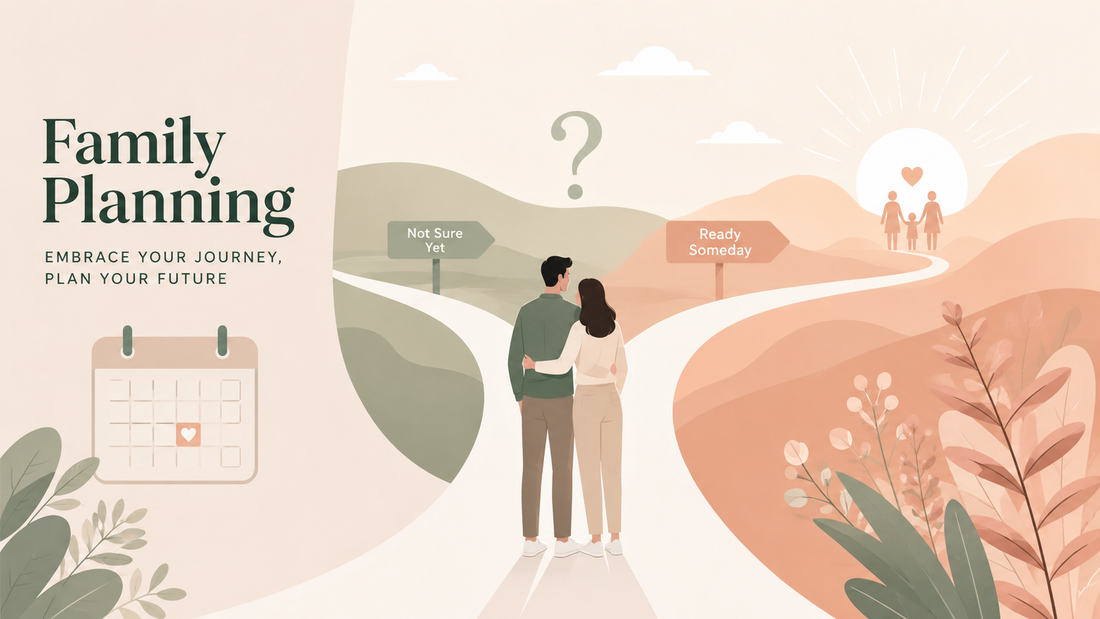 Couple standing at a branching path representing family planning and fertility choices