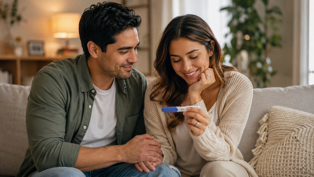 Hopeful couple sitting together and holding hands while looking at a pregnancy test in a warm home setting