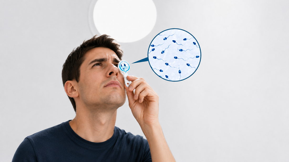 A man examines a handheld sperm observation device, with a magnified circular view showing sperm cells beside him.
