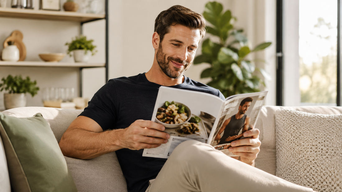 A relaxed, smiling man casually reading a health and lifestyle magazine while sitting on a comfortable sofa in a bright, sunlit modern living room, representing a calm and informed approach to men's health.