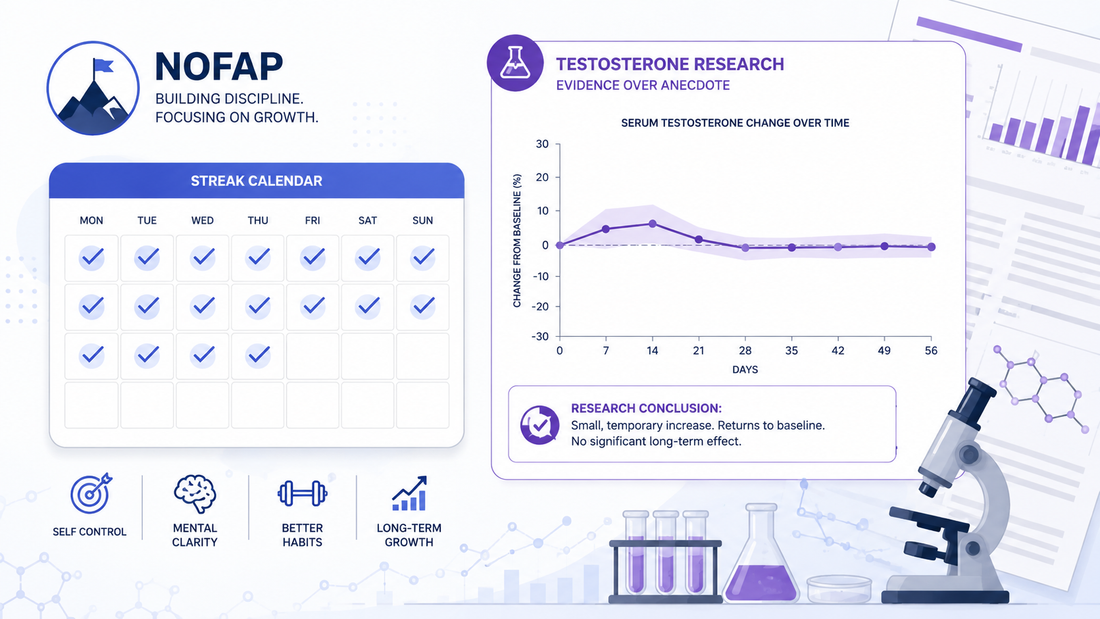 NoFap streak calendar beside a testosterone research chart showing a small temporary rise before returning close to baseline.