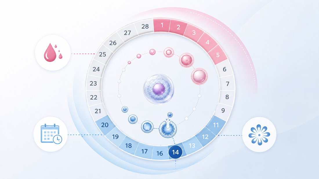 Circular menstrual cycle calendar showing period days, the fertile window, and ovulation timing across a typical 28-day cycle.