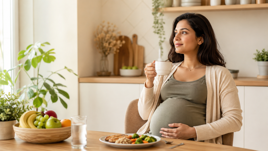 Pregnant woman holding a cup at a kitchen table with fresh fruit, water, and a healthy cooked meal.