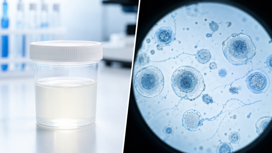 Sample container beside a microscopic cell view, illustrating the difference between semen appearance and microscopic analysis.