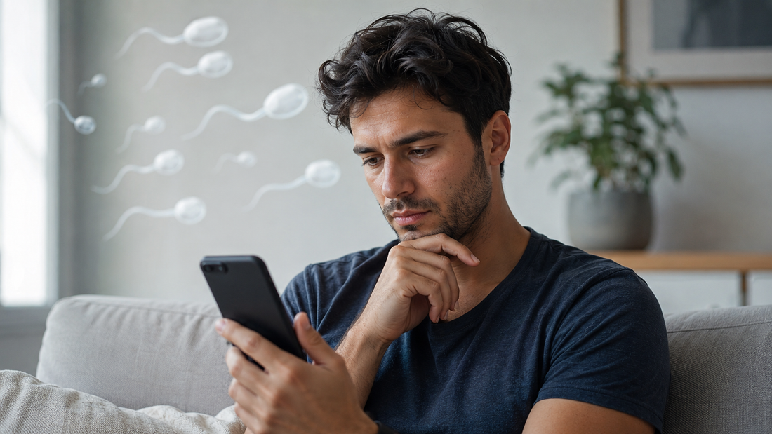 Man researching male fertility information on a smartphone with sperm illustrations in the background.