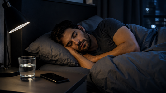 Man sleeping peacefully in a dark bedroom with a glass of water and smartphone on the bedside table.