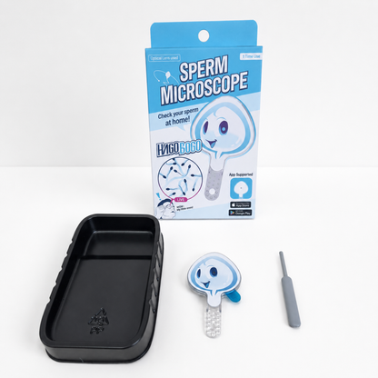 HAGOBOGO sperm microscope kit with lens, tray, stick, and product box for at-home sperm observation