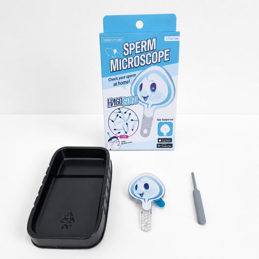 HAGOBOGO sperm microscope kit with lens, tray, stick, and product box for at-home sperm observation