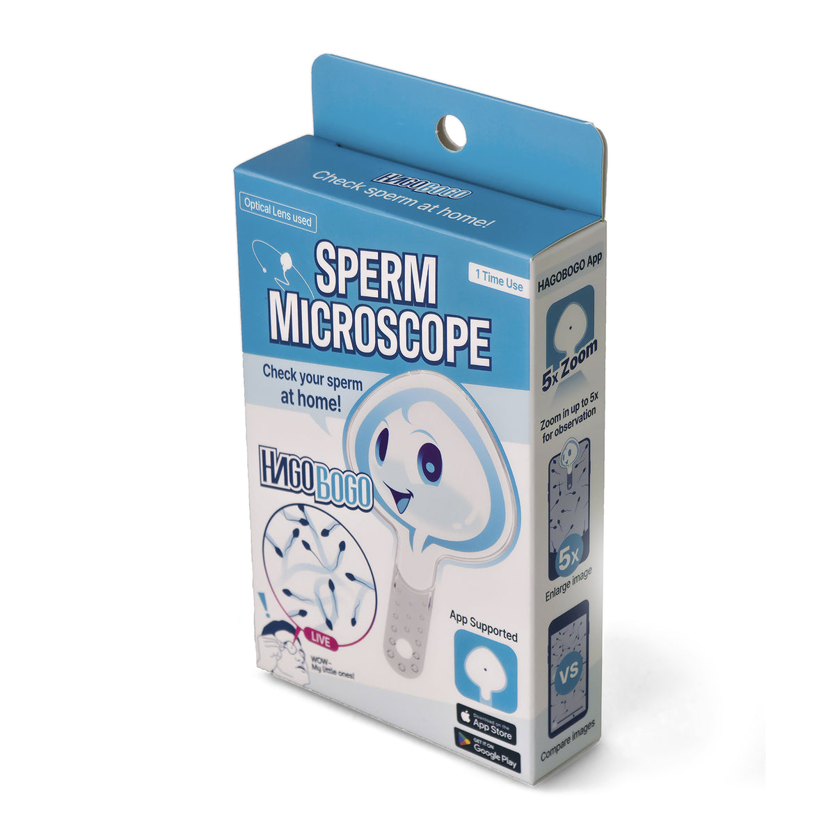 HAGOBOGO sperm microscope product box front view with 5x zoom optical lens for at-home sperm observation