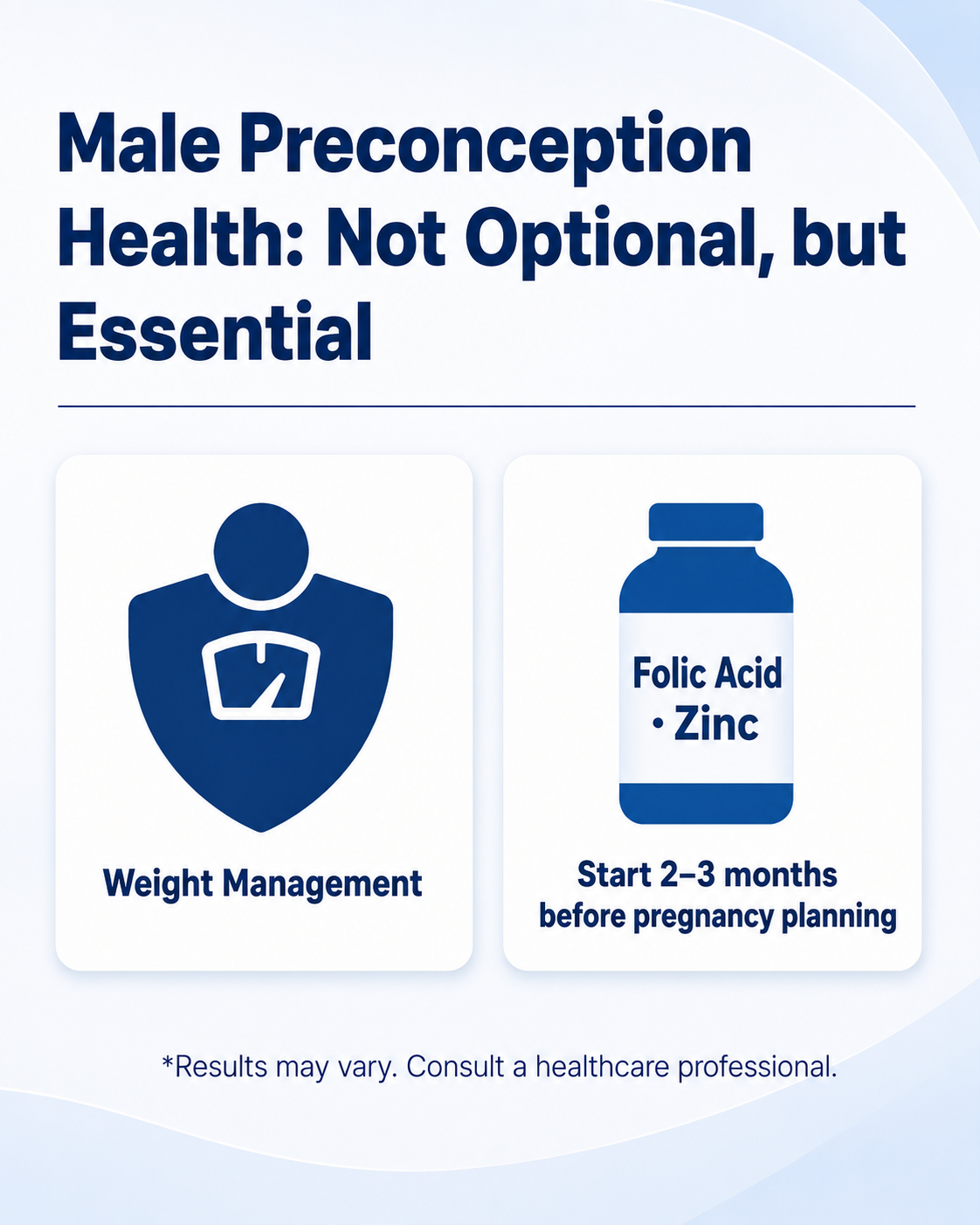 Male preconception health infographic highlighting weight management and folic acid and zinc before pregnancy planning.