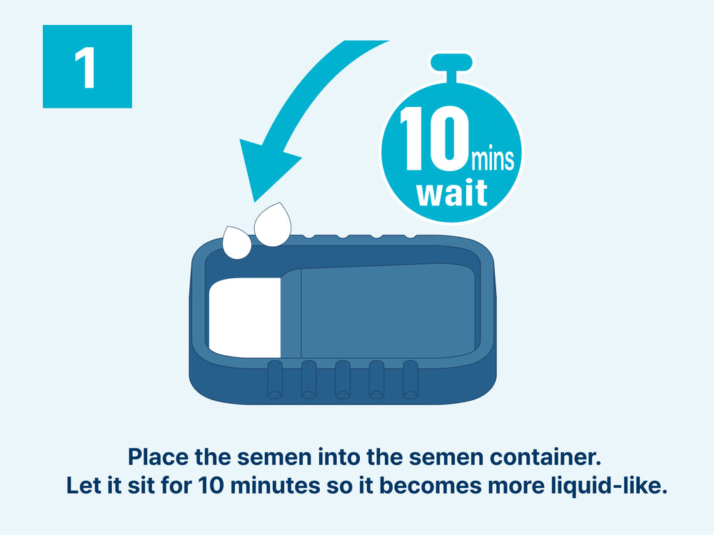 HAGOBOGO sperm observation kit instructions showing semen container use and 10-minute wait step